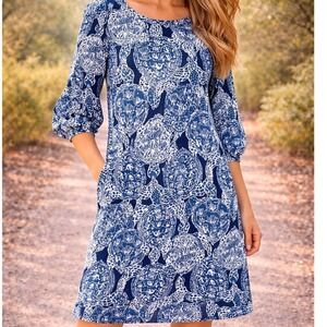 Lilly Pulitzer Dress S, Blue White Turtle Print, 3/4 Sleeve Preston deep indigo